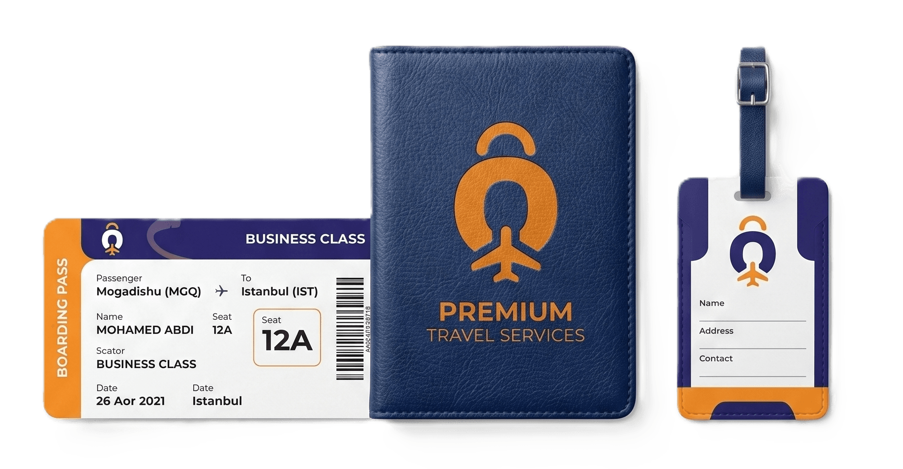 Hoggaan Travels branded passport holder, luggage tag and a Mogadishu to Istanbul boarding pass