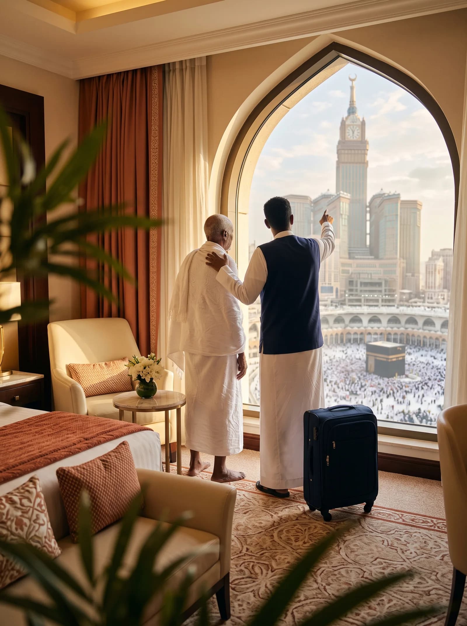 A guide shows an elderly pilgrim the Kaaba from a hotel window in Makkah
